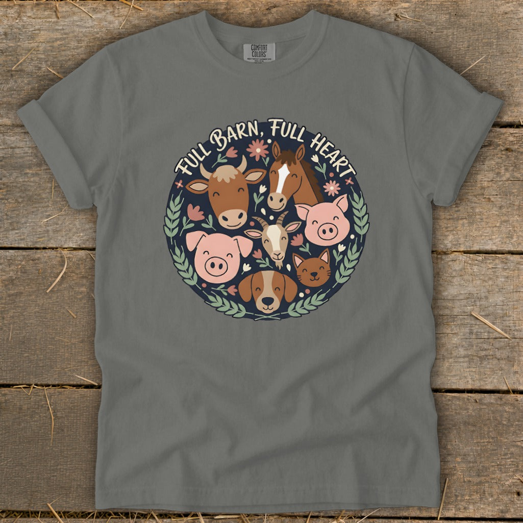 T-shirt with a circular design of farm animals and the text "Full Barn, Full Heart."