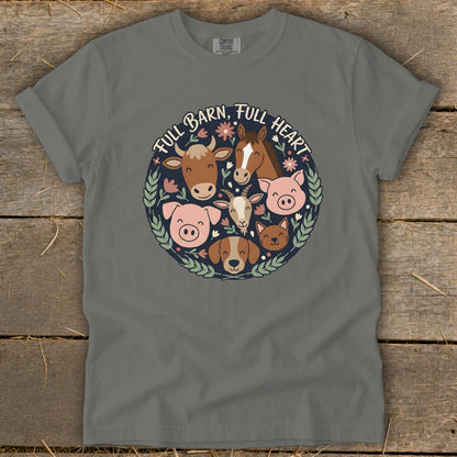 T-shirt with a circular design of farm animals and the text "Full Barn, Full Heart."