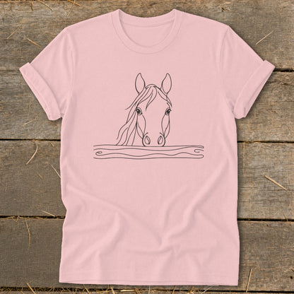 Pink t-shirt with a black line drawing of a horse's head over wavy lines.