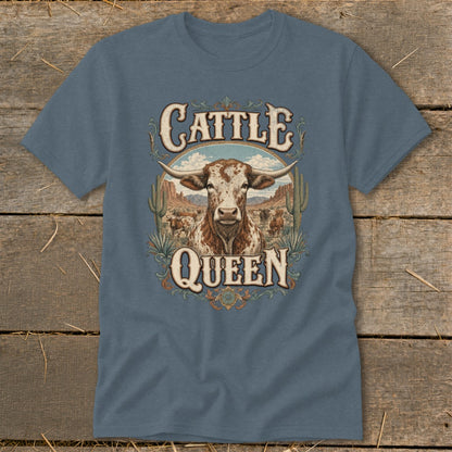 Blue t-shirt with a "Cattle Queen" graphic featuring a longhorn steer and desert landscape.