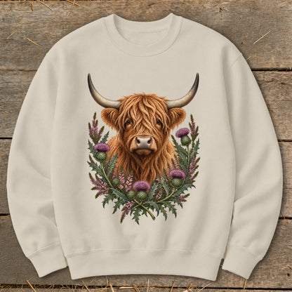 Cream sweatshirt with a watercolor Highland cow and thistles graphic.