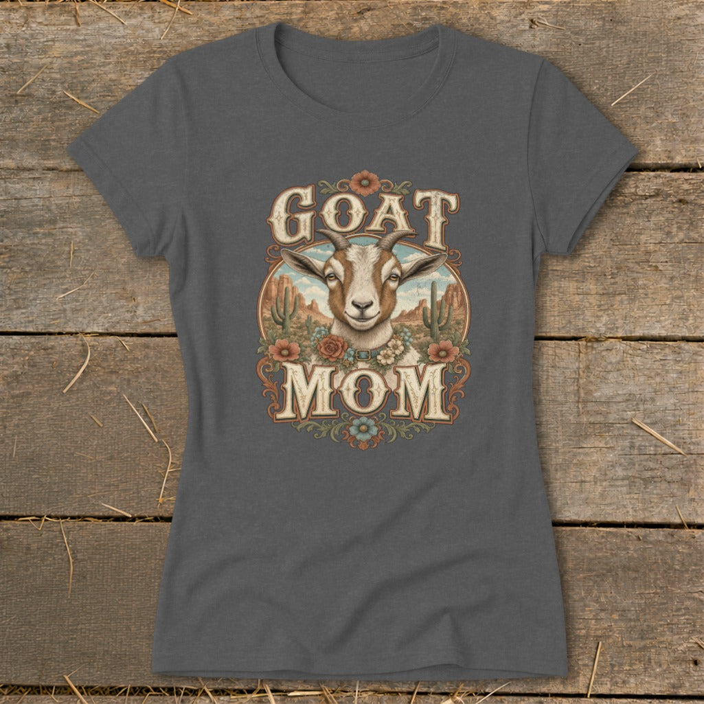 Gray t-shirt with "GOAT MOM" text and a goat's head in a desert scene.
