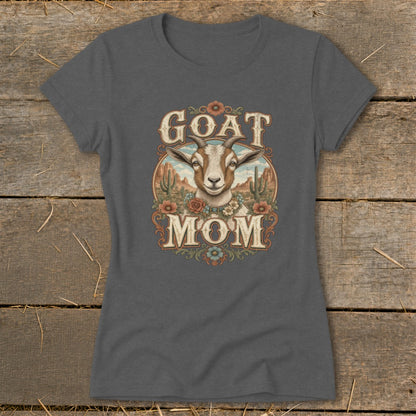 Gray t-shirt with "GOAT MOM" text and a goat's head in a desert scene.