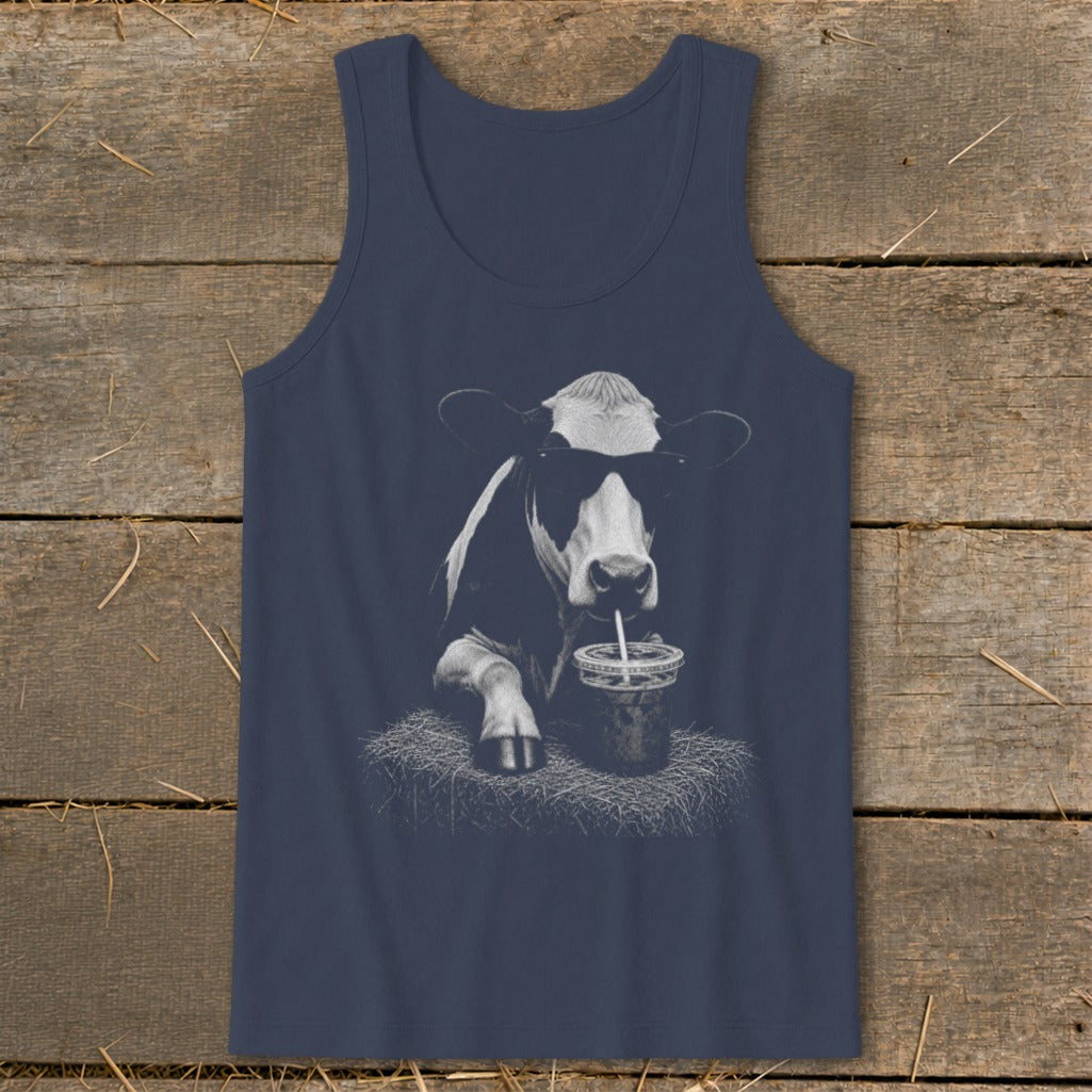 Tank top with a black and white cow wearing sunglasses drinking from a cup.