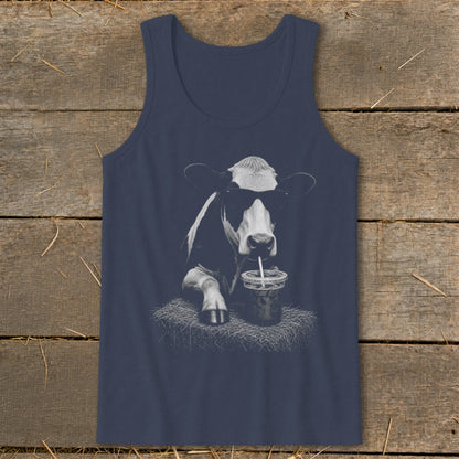 Tank top with a black and white cow wearing sunglasses drinking from a cup.