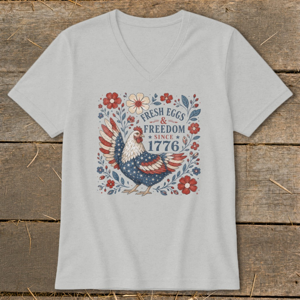 T-shirt with patriotic chicken graphic and text "Fresh Eggs & Freedom Since 1776".