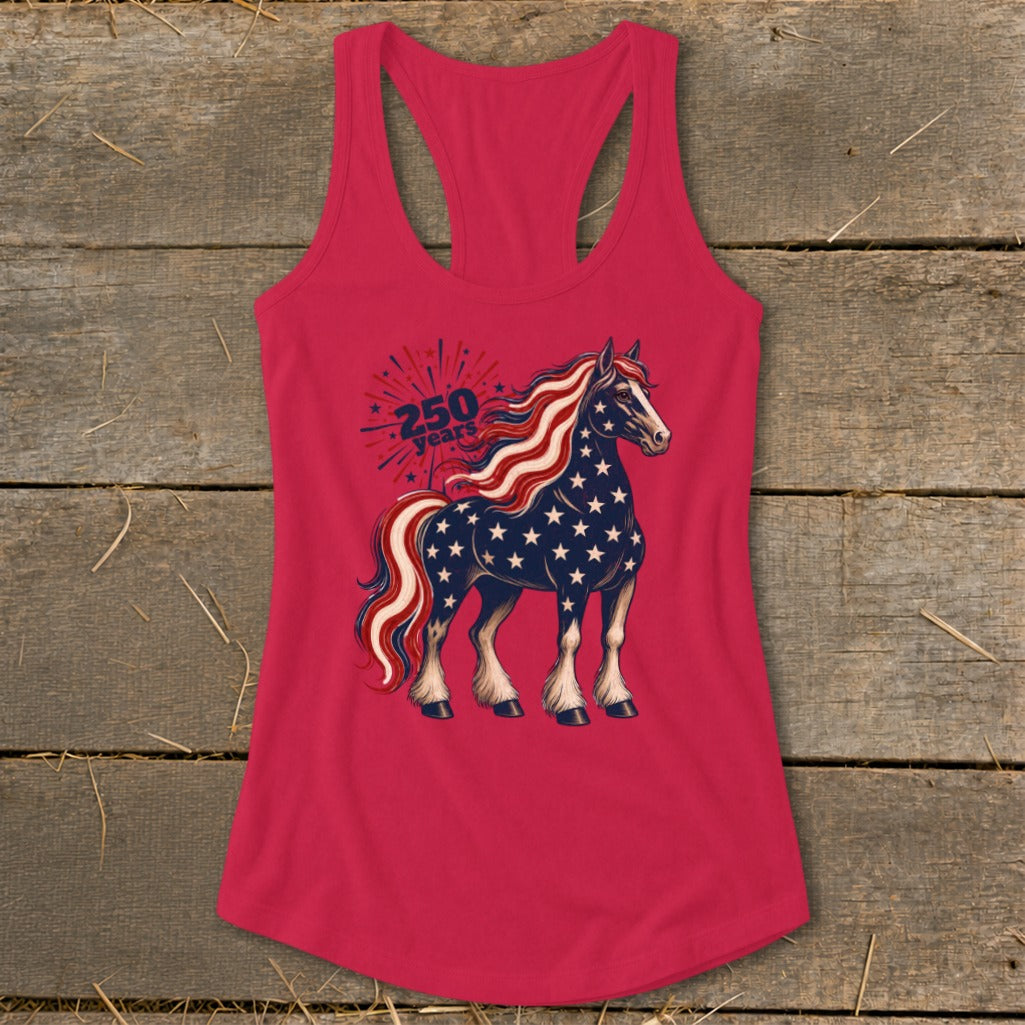 Red tank top with a horse design featuring the American flag and "250 years".