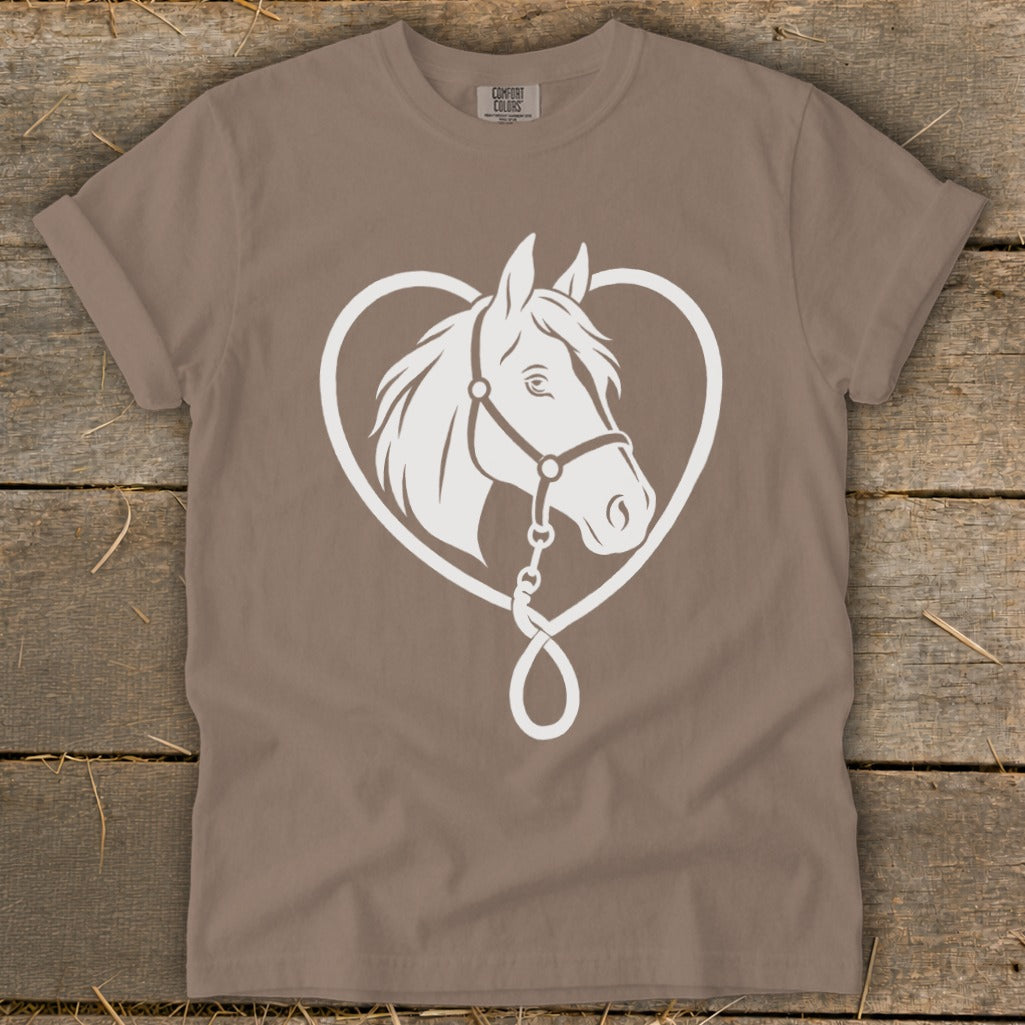 Brown t-shirt featuring a white graphic of a horse head framed by a heart-shaped rope.