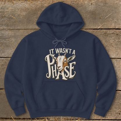 Navy hoodie with a goat and text reading "IT WASN'T A PHASE".