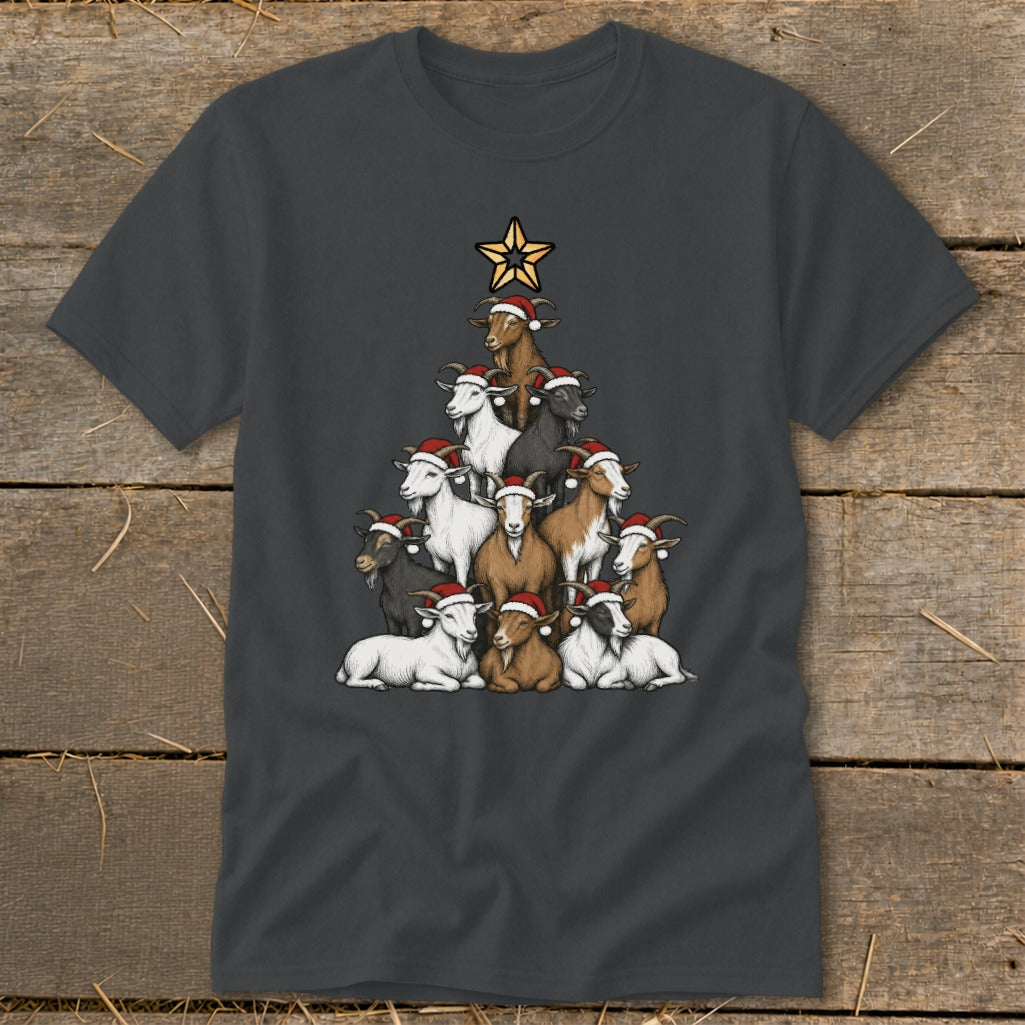Goats in Santa hats form a Christmas tree with a star on top.