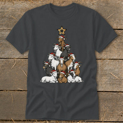 Goats in Santa hats form a Christmas tree with a star on top.