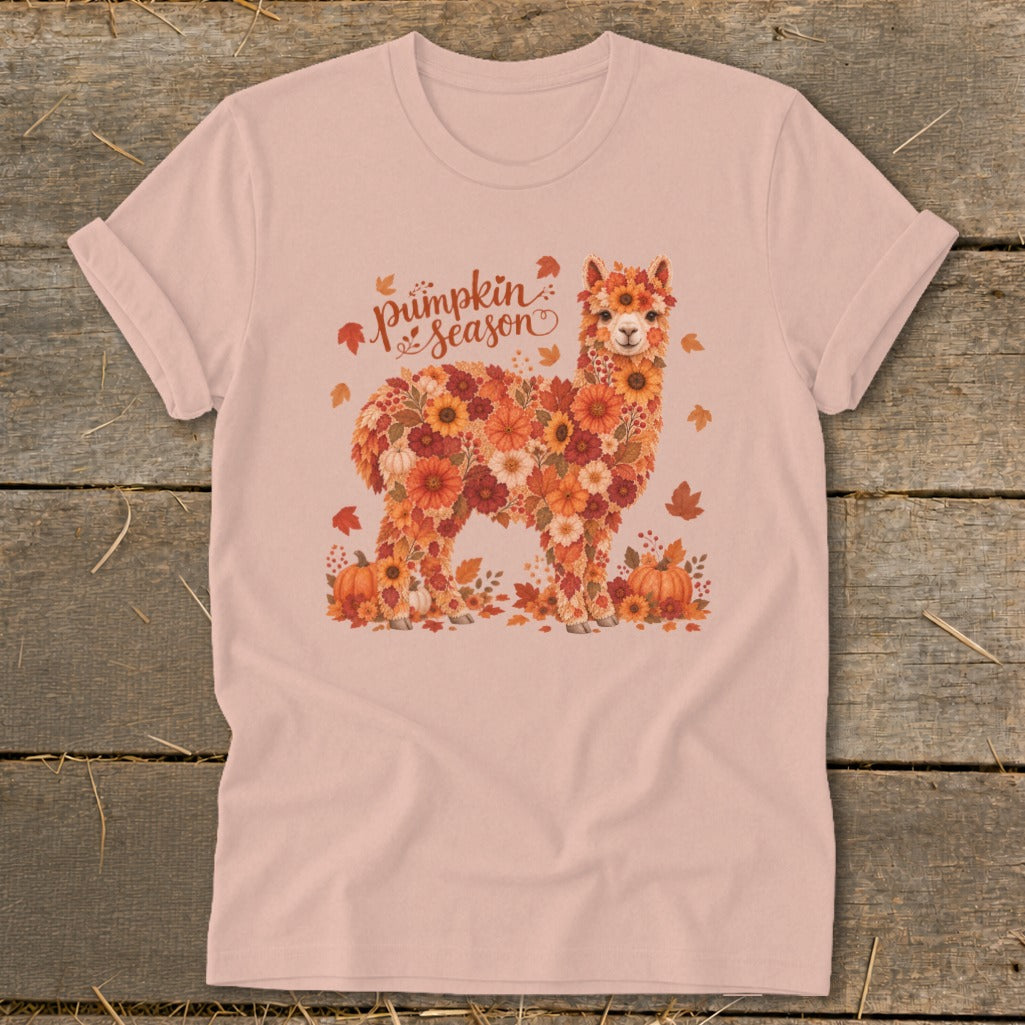 Pink t-shirt with a floral alpaca graphic and "Pumpkin season" text.