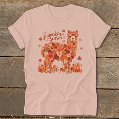 Pink t-shirt with a floral alpaca graphic and "Pumpkin season" text.