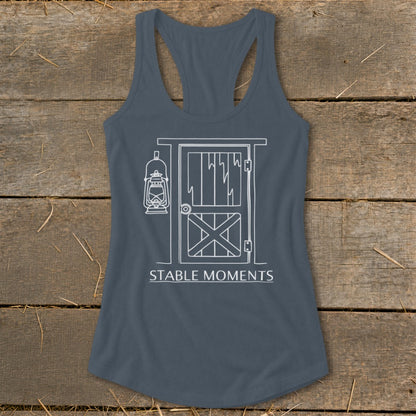 Gray tank top with white line drawing of a barn door and lantern, reads "STABLE MOMENTS".