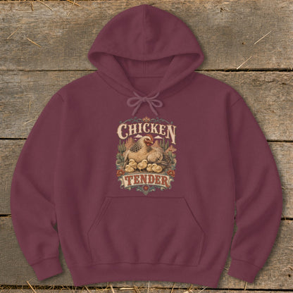 Maroon hoodie with "Chicken Tender" graphic of hen and chicks.