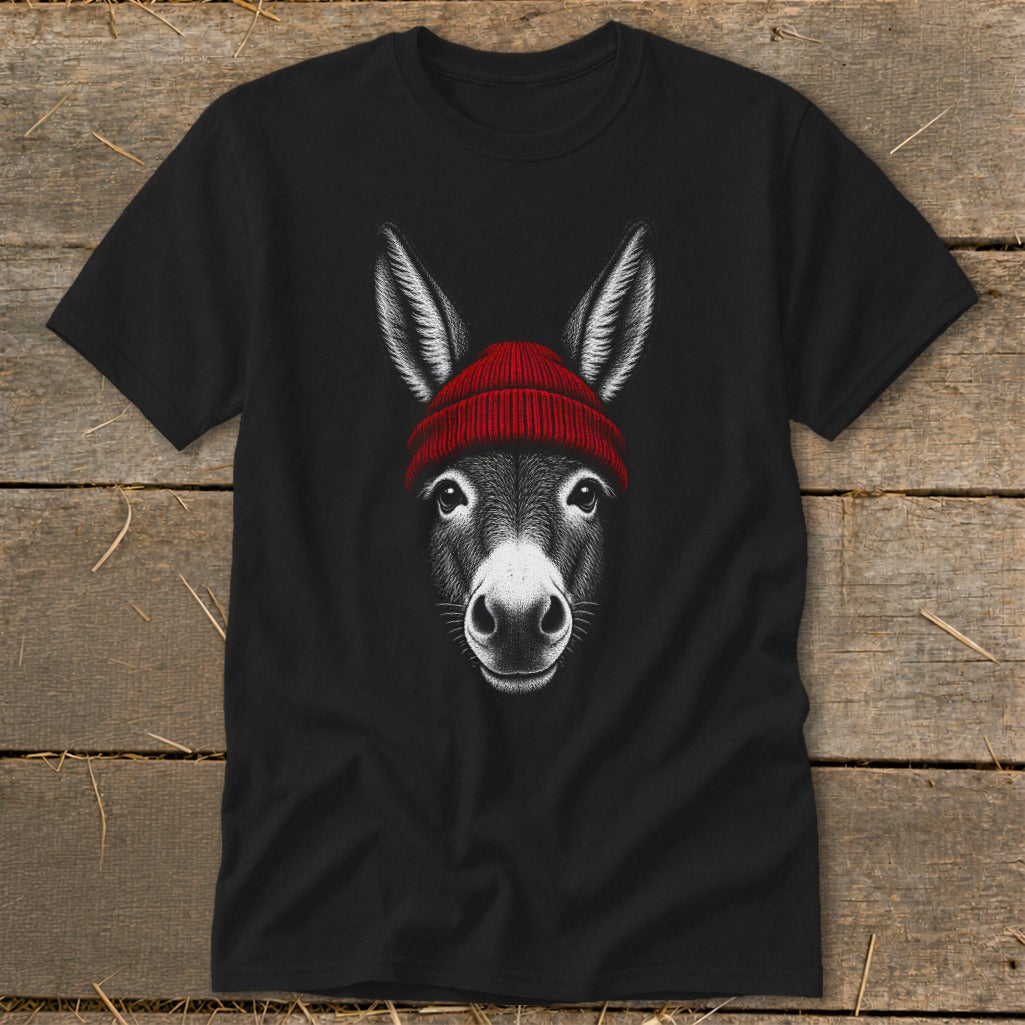 A black t-shirt featuring a graphic illustration of a donkey wearing a red beanie.