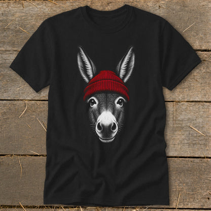 A black t-shirt featuring a graphic illustration of a donkey wearing a red beanie.