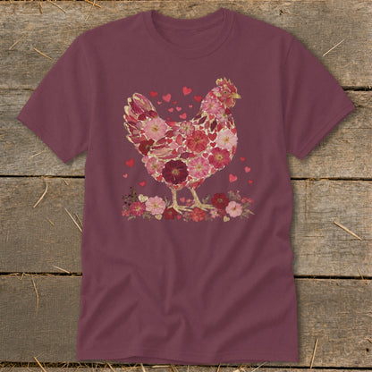 T-shirt with floral chicken design and scattered hearts.