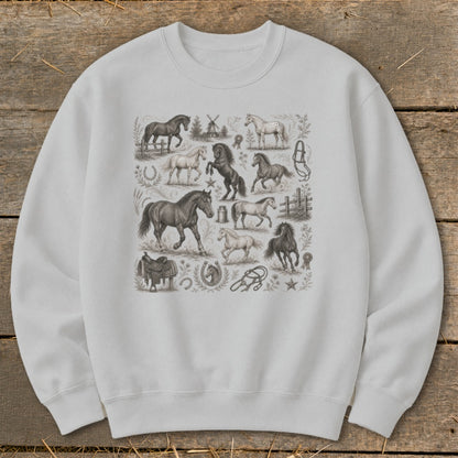Crewneck sweatshirt with a collage of horse illustrations and equestrian elements.