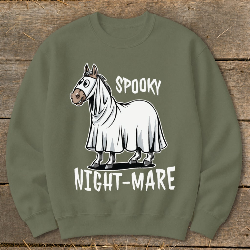 Horse wearing a ghost costume with text "SPOOKY NIGHT-MARE"