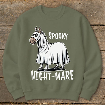 Horse wearing a ghost costume with text "SPOOKY NIGHT-MARE"