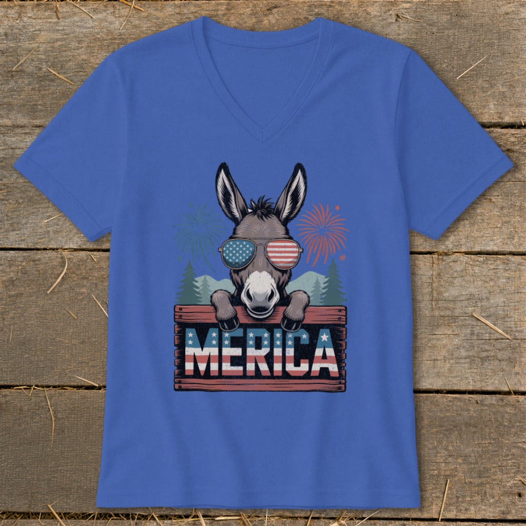Donkey wearing American flag sunglasses on a sign that says MERICA.