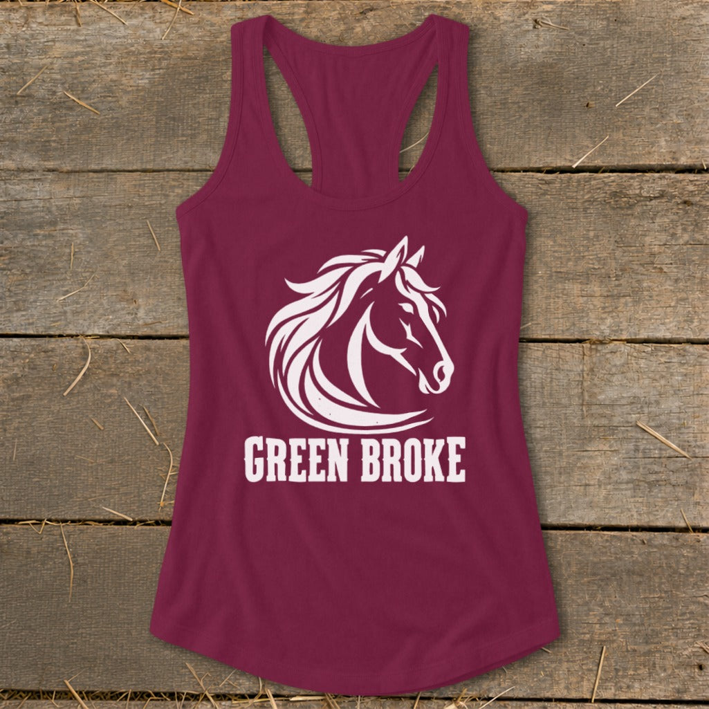Maroon racerback tank top featuring a white horse head graphic and the text Green Broke.