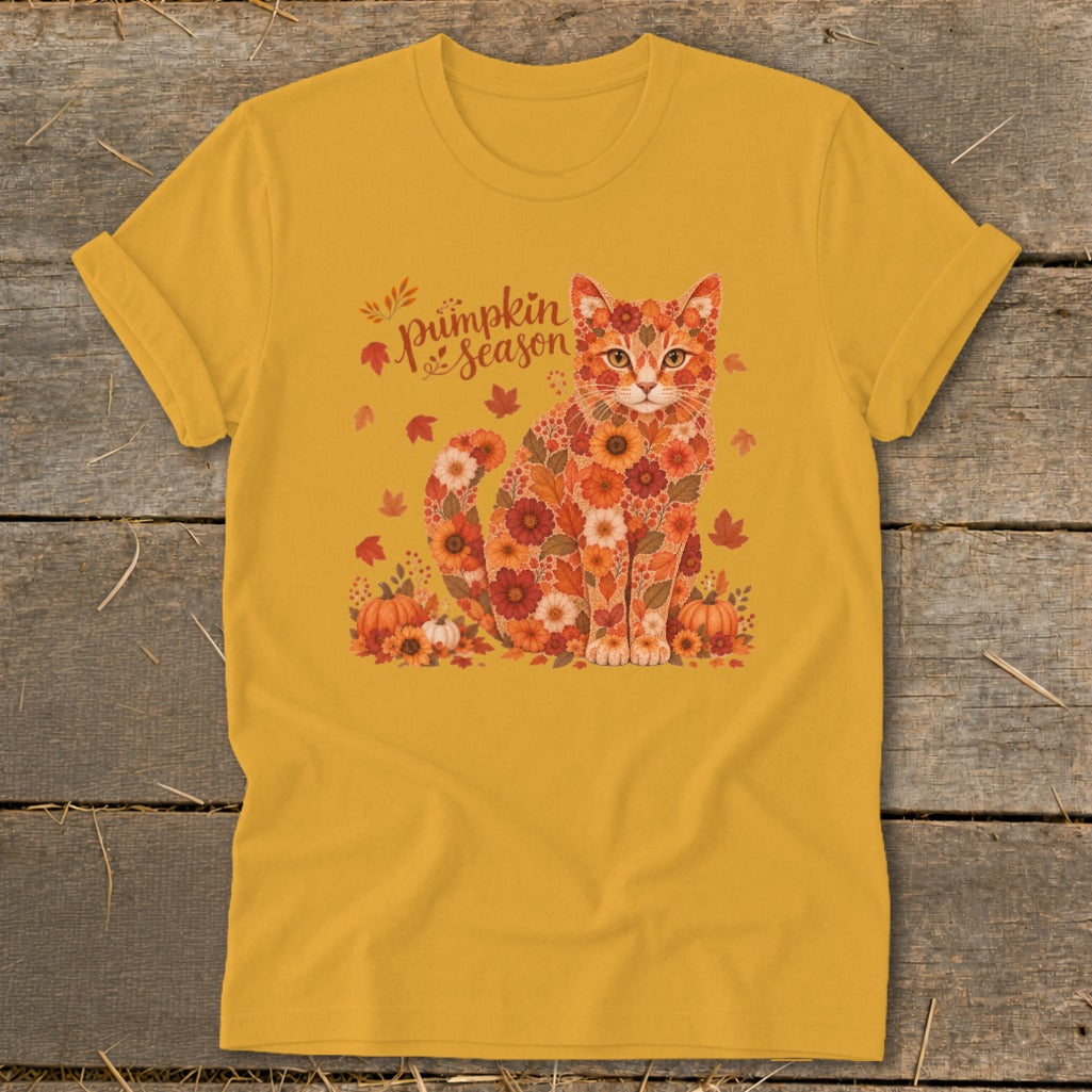 Yellow t-shirt with a cat made of flowers and text "Pumpkin Season".