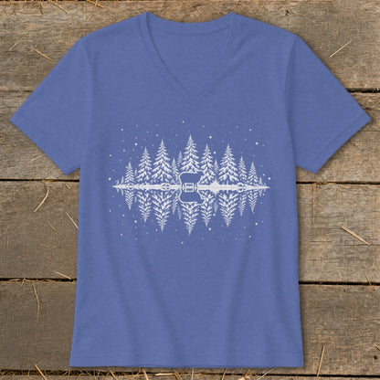 T-shirt with white forest silhouette reflected in water with a guitar outline.