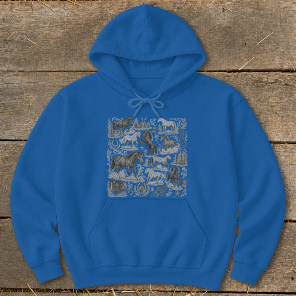 Blue hoodie with a detailed pattern of horses, windmills, and western motifs.