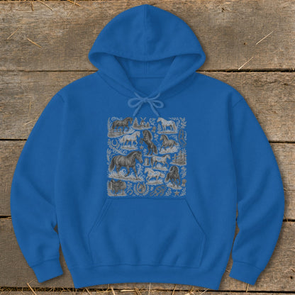 Blue hoodie with a detailed pattern of horses, windmills, and western motifs.