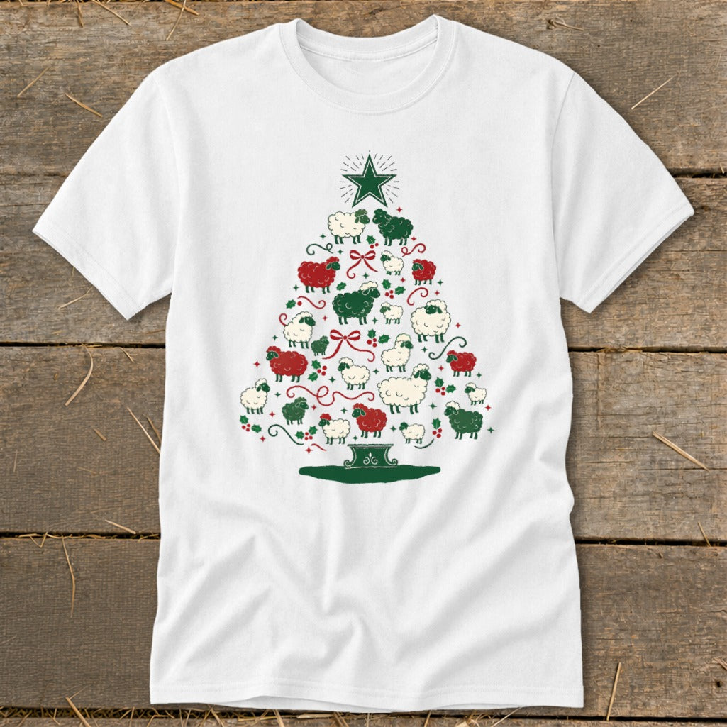 White t-shirt with a Christmas tree made of red and green sheep.