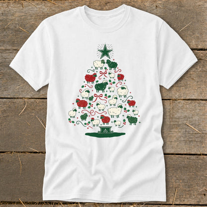 White t-shirt with a Christmas tree made of red and green sheep.