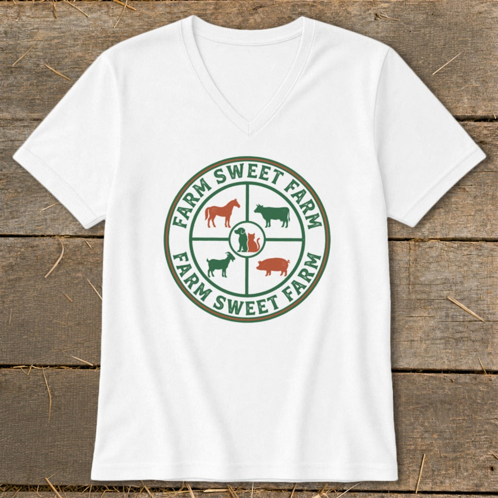 White v-neck t-shirt with circular farm logo featuring animals and text.