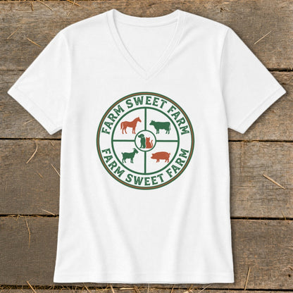 White v-neck t-shirt with circular farm logo featuring animals and text.
