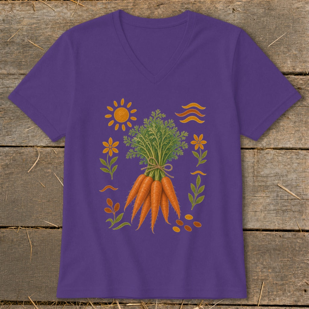 Purple t-shirt with a bundle of carrots, sun, flowers, and wavy lines.