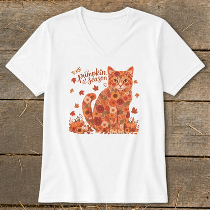 White t-shirt with a cat made of flowers and pumpkins, with "pumpkin season" text.