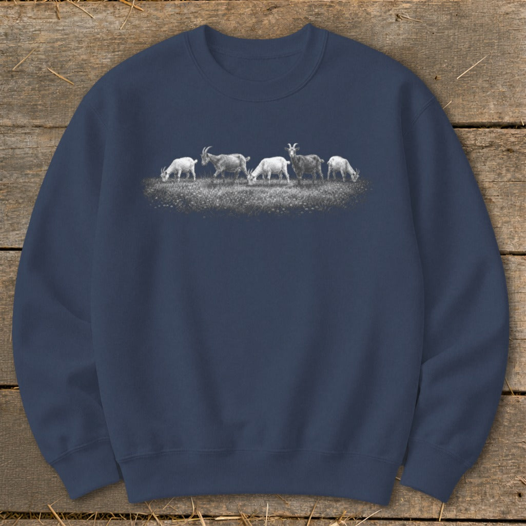 Dark blue sweatshirt with a sketch of five goats grazing in a field.