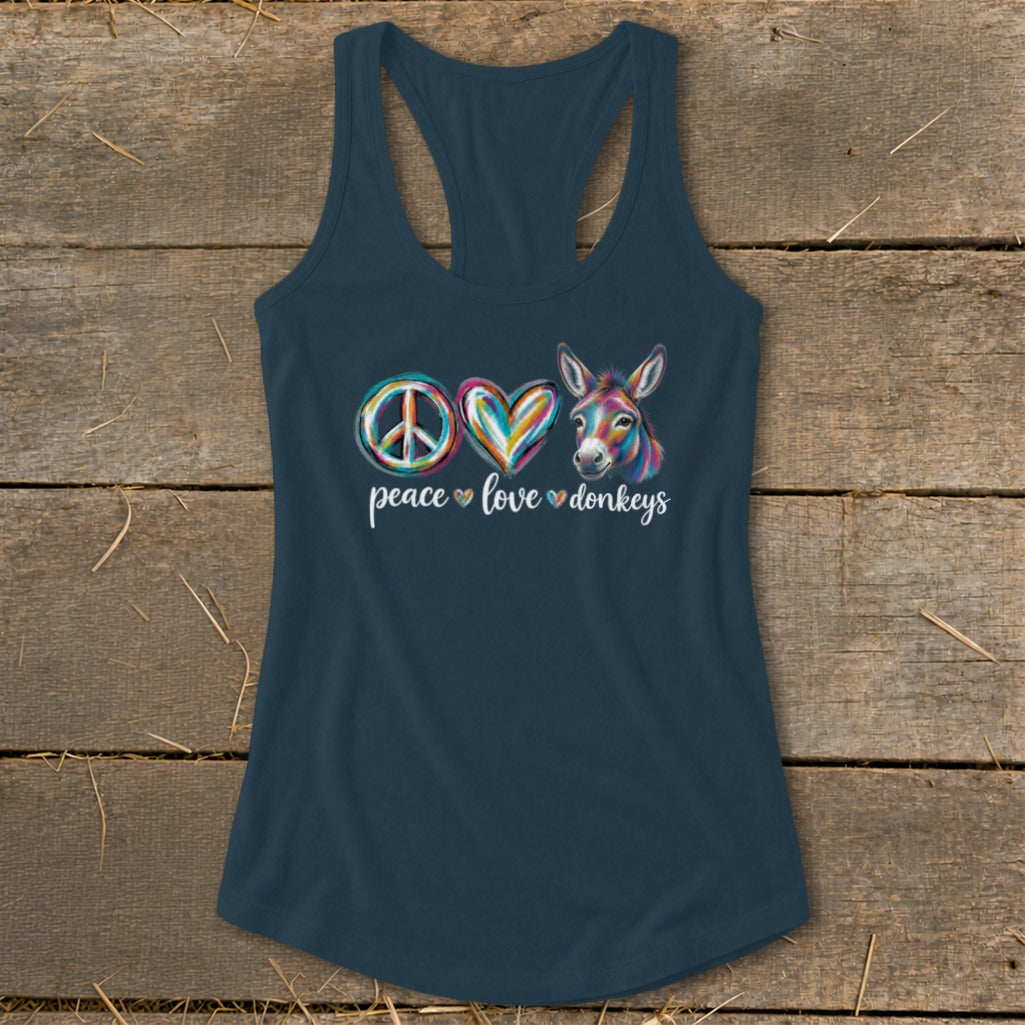Peace love donkeys graphic on a navy blue tank top.