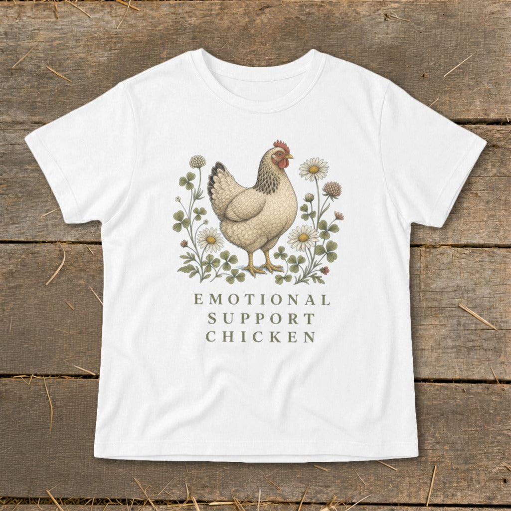 White t-shirt with a chicken illustration and the text "Emotional Support Chicken".