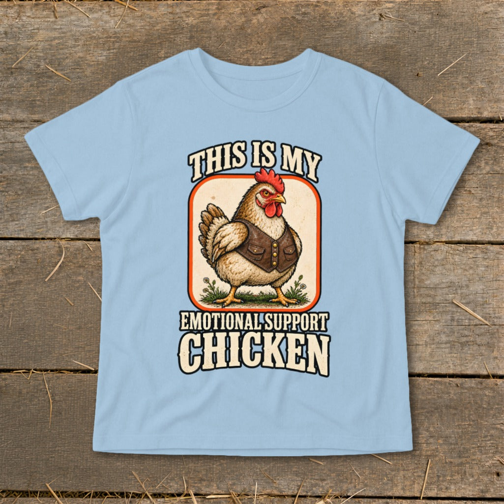 Light blue t-shirt with graphic of a chicken in a vest, reading "This is my emotional support chicken."