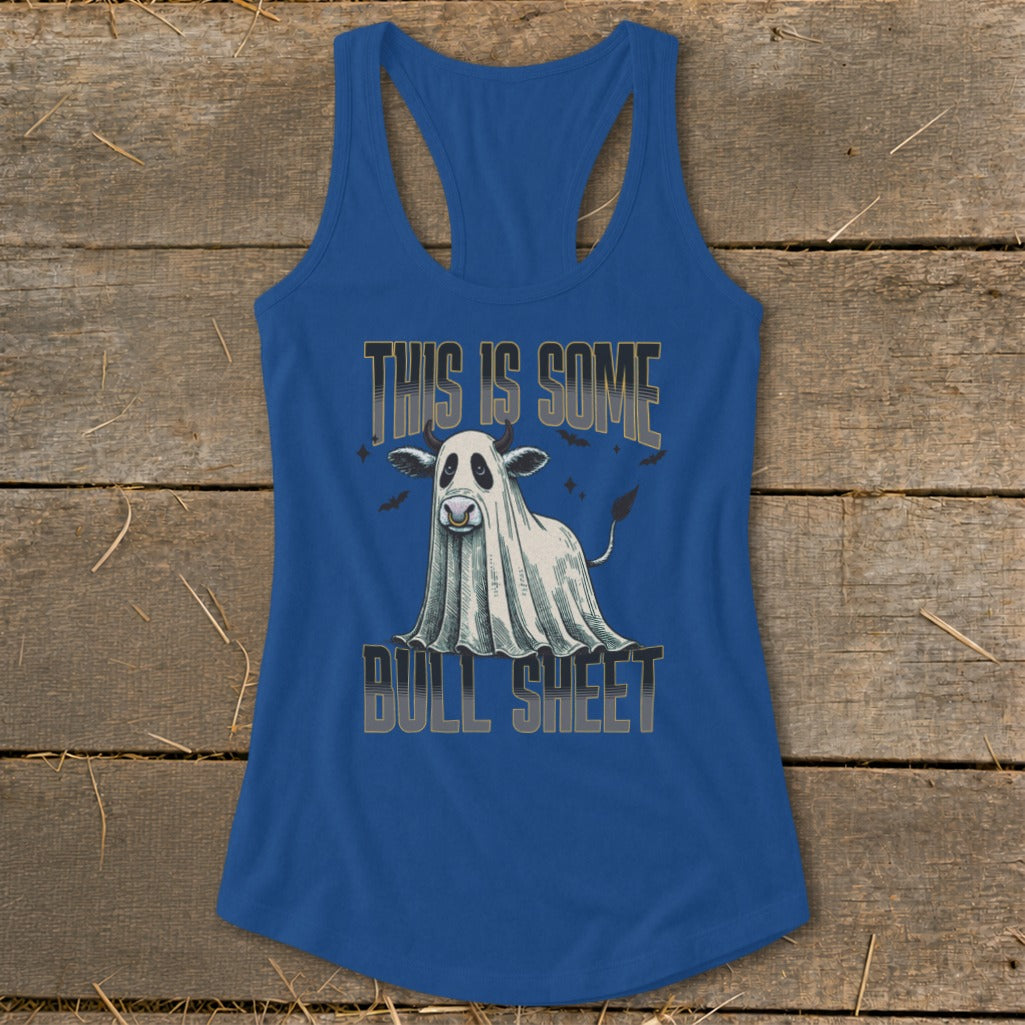 Blue tank top with ghost cow graphic and text "This is Some Bull Sheet."