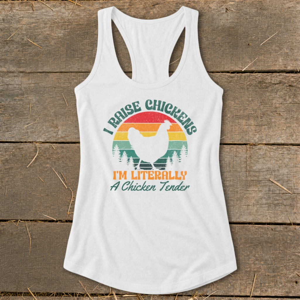 White tank top with retro chicken graphic and text.