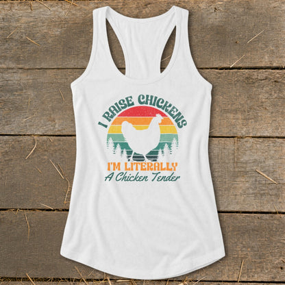 White tank top with retro chicken graphic and text.