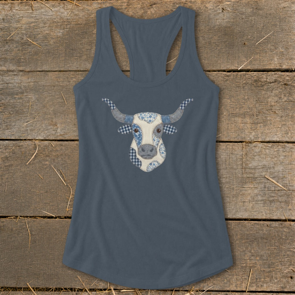 Tank top with a patchwork longhorn cow face graphic in blue and white.