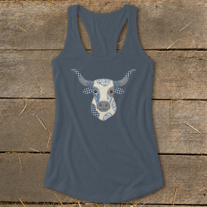 Tank top with a patchwork longhorn cow face graphic in blue and white.