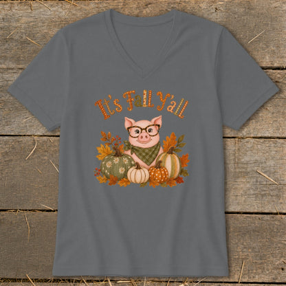 Pig wearing glasses with pumpkins and fall leaves, "It's Fall Y'all" text.