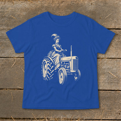 Vintage illustration of a woman in a Victorian dress driving a tractor.