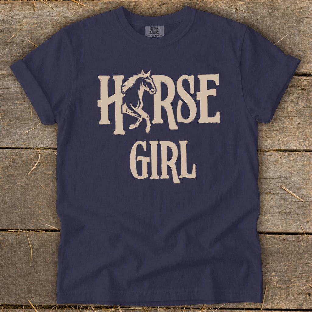 Navy t-shirt with "Horse Girl" text and a horse graphic.