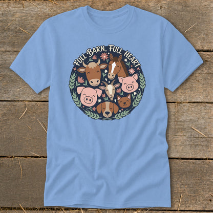 Light blue t-shirt with circular farm animal graphic and text "FULL BARN, FULL HEART".
